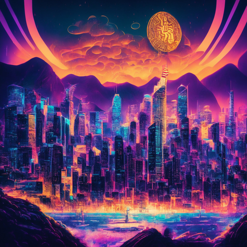 Majestic crypto city skyline, Hong Kong Inu soaring high, shimmering Chinese-themed coins, surrealistic meme coin landscape, vibrant neon lights, dusk setting, energetic mood, Wall Street Memes uprising, AI analytics swirl, presale anticipation, community excitement, sense of opportunity, blurred lines between traditional finance and cryptocurrency.