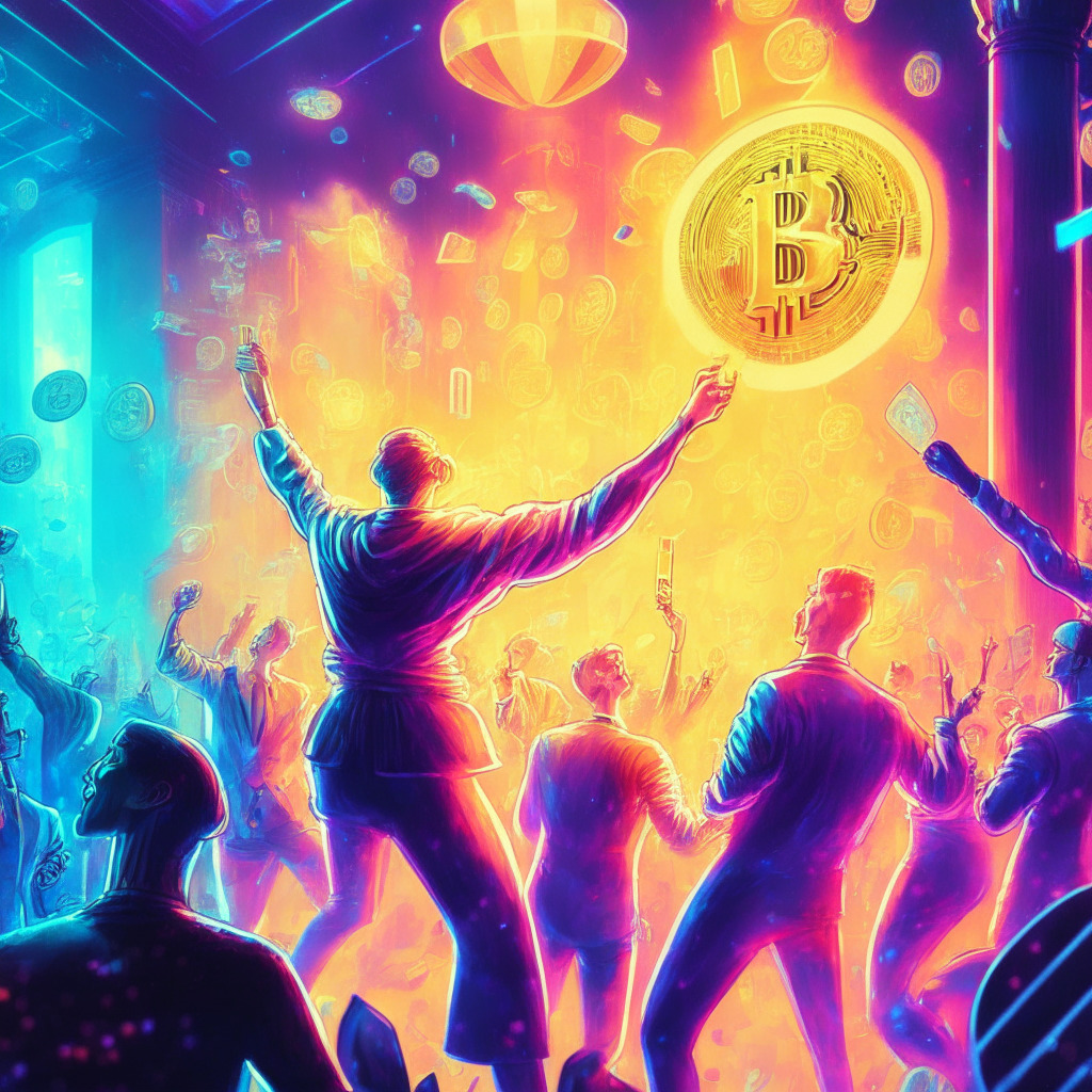 Energetic crypto market scene, glowing Bitcoin and Ethereum coins, investors celebrating, ETF paperwork in the background, Art Deco style, vibrant colors, soft light, dynamic composition, optimistic mood, hint of caution with a balancing scale.