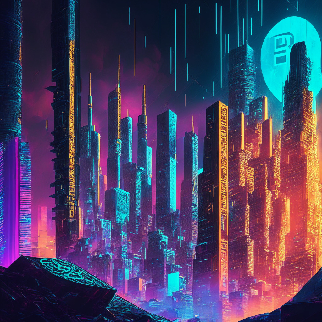 Cryptocurrency surge in a futuristic cityscape, bright neon-lit skyscrapers, diverse digital coins soaring, balanced scale representing opportunities & risks, chiaroscuro lighting, dramatic shadows cast, optimistic yet cautious mood, saturated colors, cyberpunk art influence, intricate textural details.