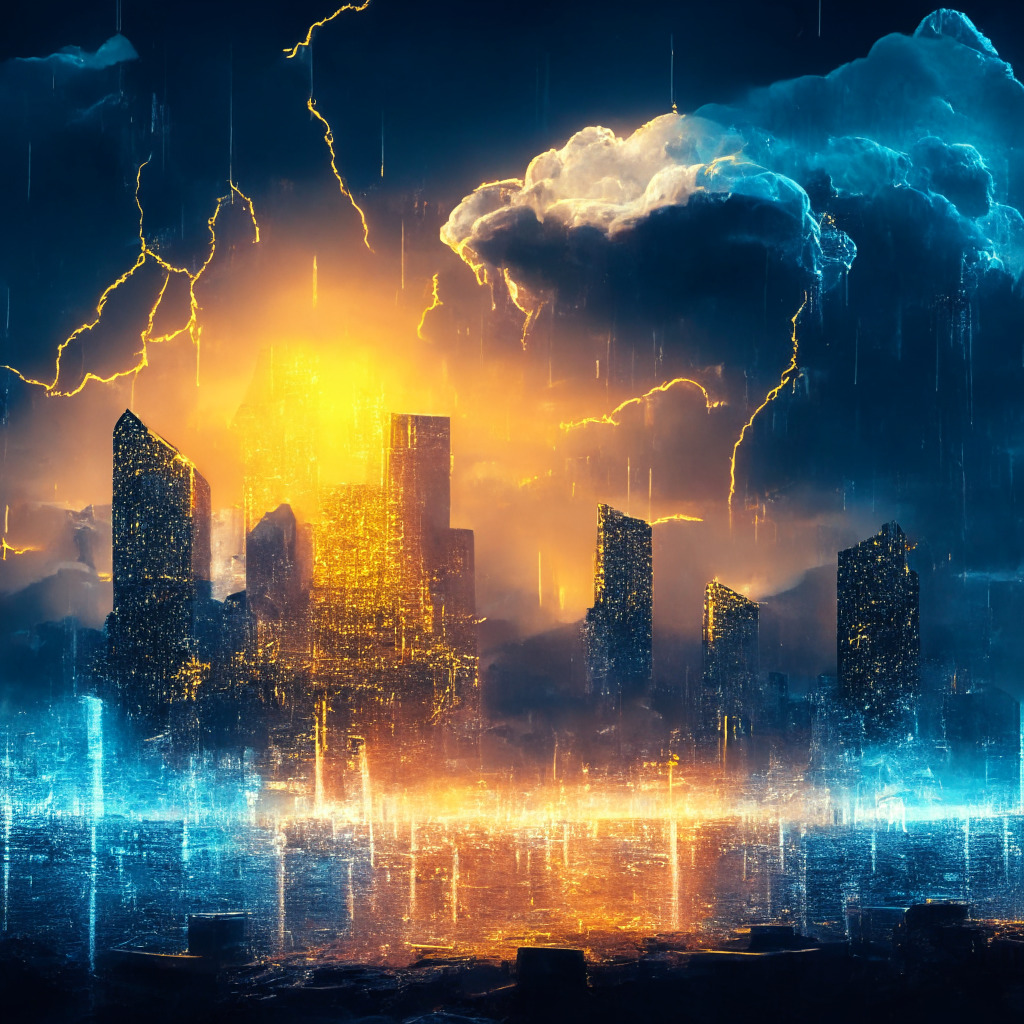 Cryptocurrency surge, anticipating job report, diverse digital assets flourishing, Bitcoin over $27,000, Coinbase futures offerings, stablecoin contraction, potential impact on growth. Scene: A glowing digital city at dusk, artistic contrast of crypto coins and gold, optimistic yet cautious mood, subtle stablecoin storm clouds in distance.