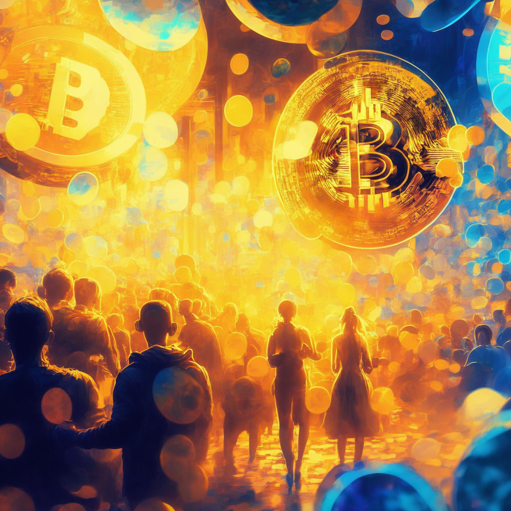 Vibrant crypto market scene, golden glowing Bitcoin overshadowing Ethereum and altcoins, modern/abstract artistic style, warm bright lighting, excitement and optimism in the atmosphere, subtle cautionary undertones, ETF applications causing ripple effect, diverse portfolios hinted in the background.