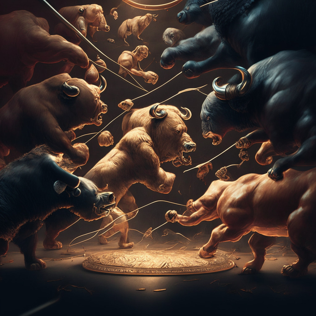 Intricate tug-of-war scene with bulls, bears, and various cryptocurrencies, chiaroscuro lighting, playfully optimistic mood, Baroque style, contrasting stability vs. volatility, bright highlights on BTC & ETH, muted tones for struggling tokens, dynamic composition reflecting market uncertainty.