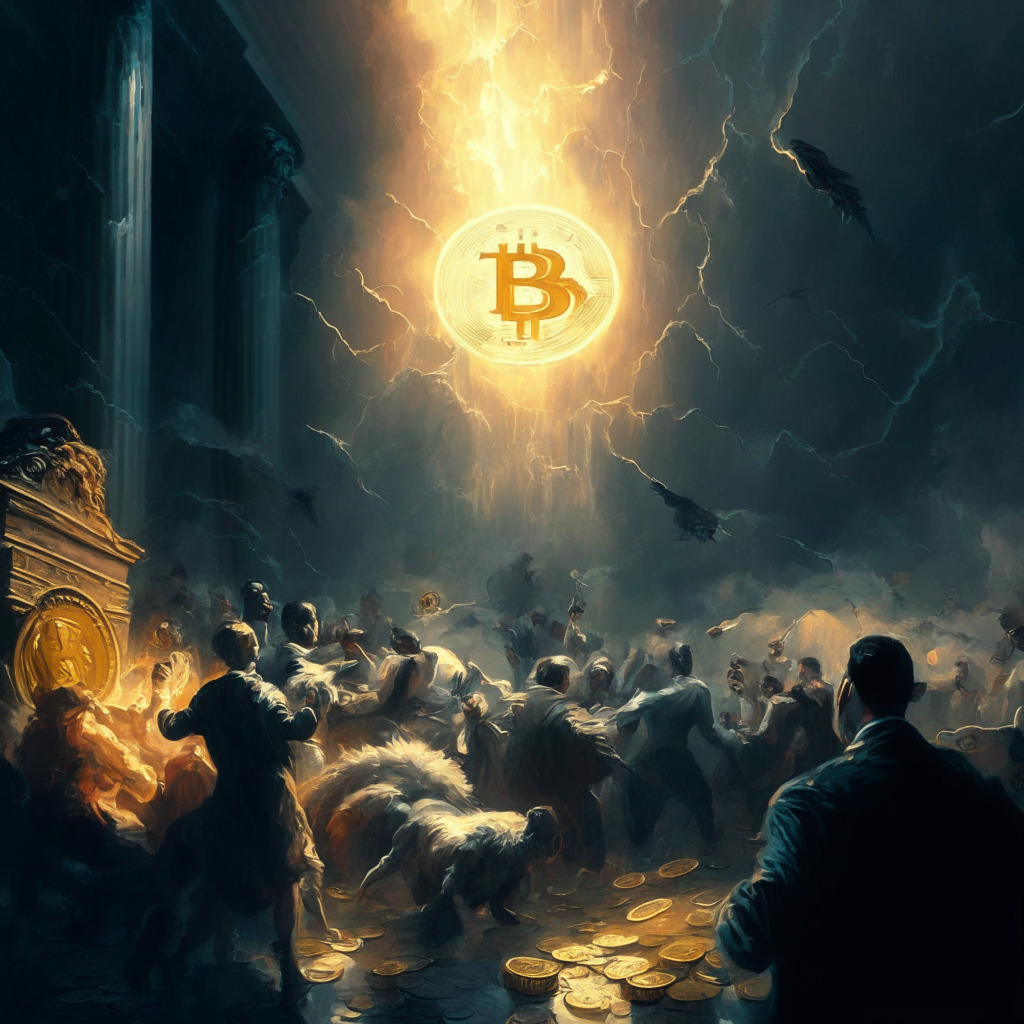 Turbulent crypto market scene, hawkish Fed announcement, frustrated investors, SEC lawsuits, interest rate uncertainty, Bitcoin & Ether price drops, gloomy atmosphere, chiaroscuro lighting, Baroque painting style, resilience amid chaos, opportunity for adaptation, rays of innovation & hope, digital currency future.