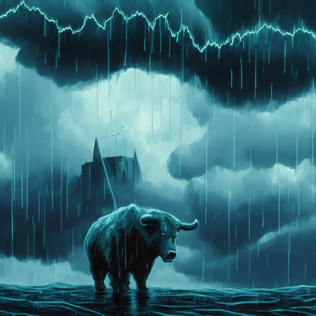 Gloomy crypto market scene, bearish trend, stormy skies, fluctuating graph, U.S. Federal Reserve looming in background, uncertain light setting, impressionist art style, mood of instability and unpredictability, top cryptocurrencies plunging in value, hint of potential interest rate hikes.