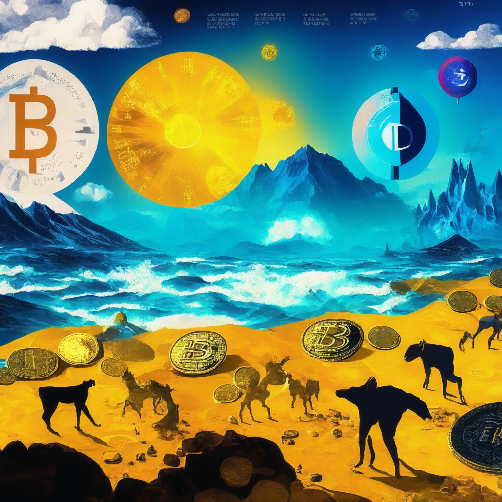 Crypto market scene: dynamic landscape with shifting coin values, BTC at crucial juncture, ETH's slow growth, vibrant colors to represent market volatility, Ripple's XRP and smaller altcoins facing losses, Binance's BNT and DOGE gaining traction, contrast with stablecoins like USDC, light rays from the horizon symbolizing opportunities, a balance scale to represent risks and rewards, artistic blend of realism and impressionism to evoke an unpredictable atmosphere, soft sunset hues highlighting cautious optimism.