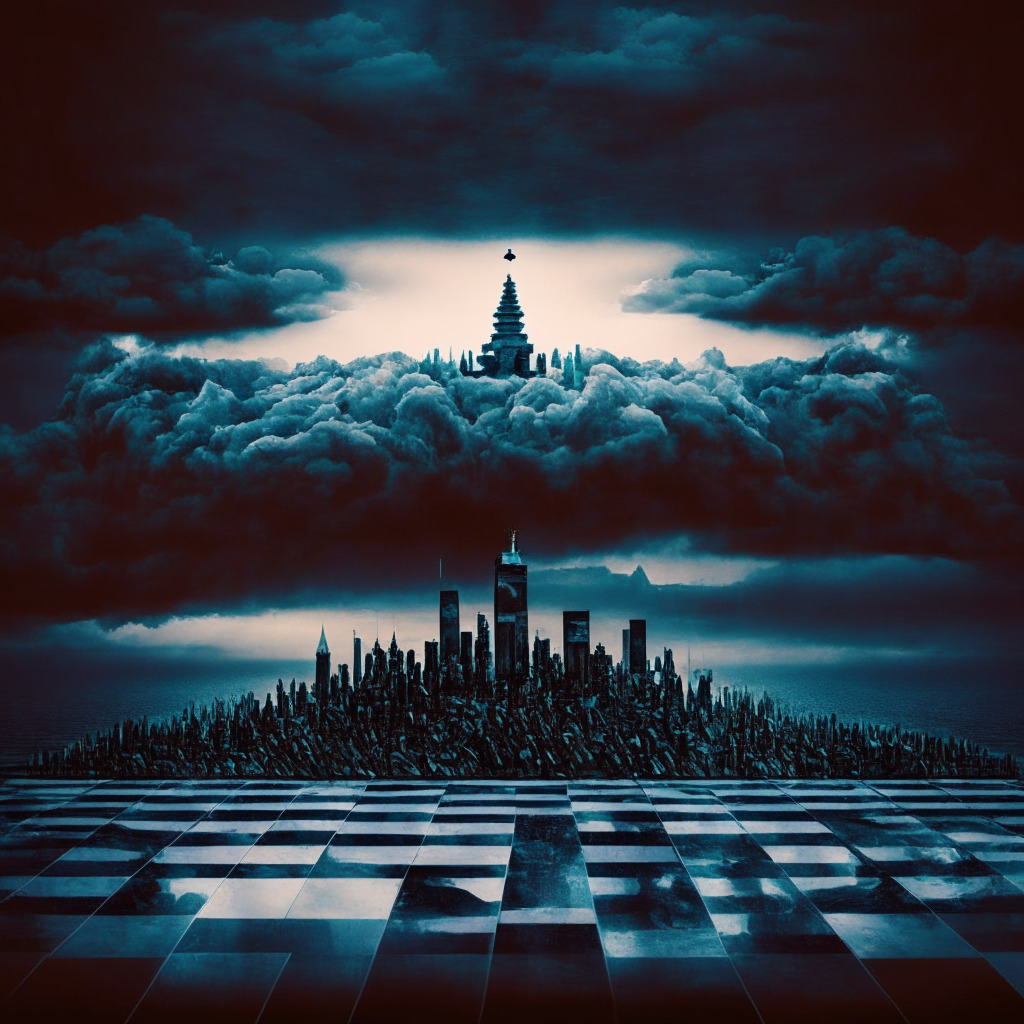 Intricate financial chessboard, Fed interest rate decision and crypto turmoil, dusk skyline with cityscape on horizon, expressionist storm clouds, contrasting emotions of anticipation and uncertainty, glimpses of hope and despair, intricate crypto tokens amidst legal paperwork, fragile balance between opportunities and risks.