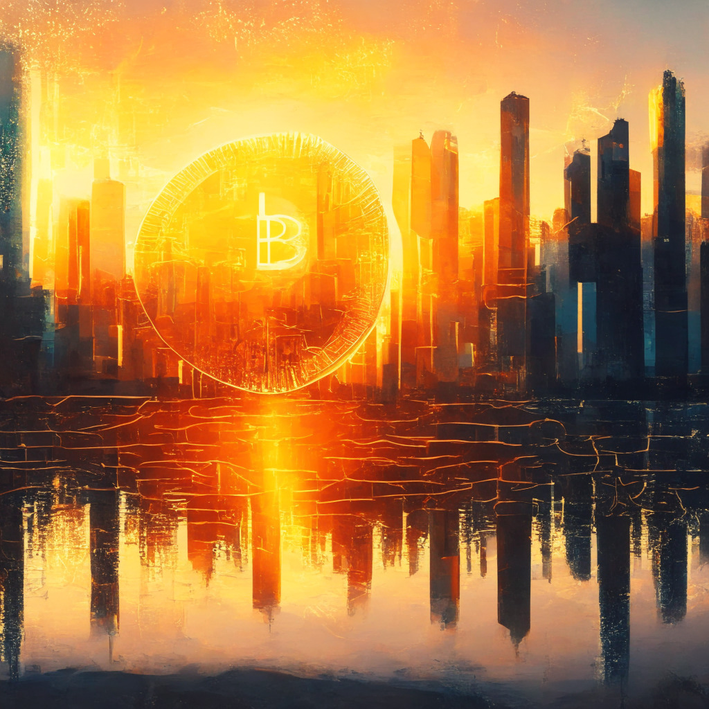 Crypto market V-shaped recovery, sun rising over digital cityscape, warm artistic brushstrokes, calm dawn light, determined investor spirit, regulatory challenges looming, prominent currencies BTC & ETH, glassy reflections of price surge, uncertain yet hopeful mood, buy-the-dip mentality woven into the scene.