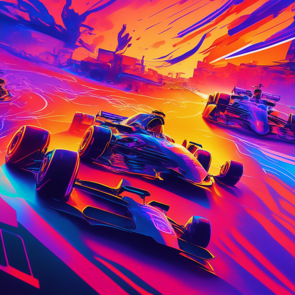 Futuristic Formula 1 racetrack, sleek racing cars, web3 and blockchain visuals, Red Bull Racing Validators, excited fans engaging with staked tokens, sunset lighting, vibrant colors, energetic mood, impressionist artistic style, digital world-meets-reality merge, emphasizing community collaboration.