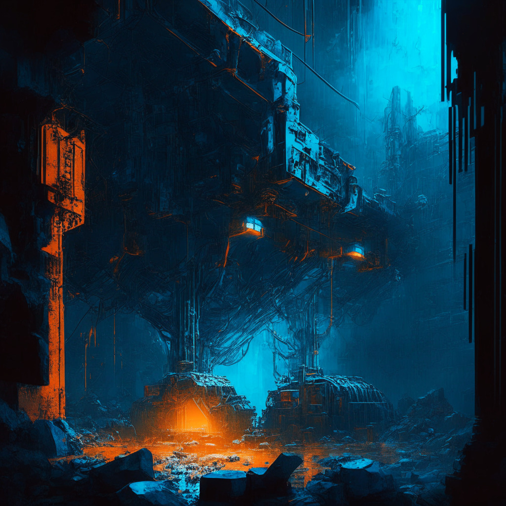 Intricate machinery reflecting power-hungry miners, contrasting cool blue and warm orange hues, dystopian atmosphere, subdued chiaroscuro lighting, darkness creeping in on the edges, a damaged environment with hope for repair, text overlay indicating crypto mining challenges and call for sustainable solutions.