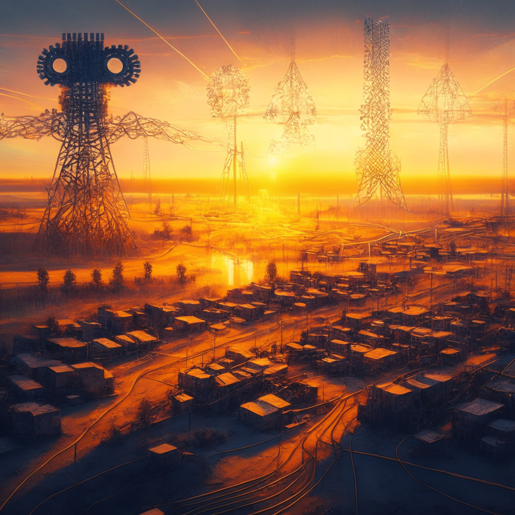 Intricate crypto mining scene in Russia, diverse industrial landscapes, golden sunrise on vast powerlines, low electricity tariffs highlighted, Cold climate advantage, Russia & China's proximity symbolized by interlinked gears, optimistic mood with rising global position, painterly style, soft glowing light setting.