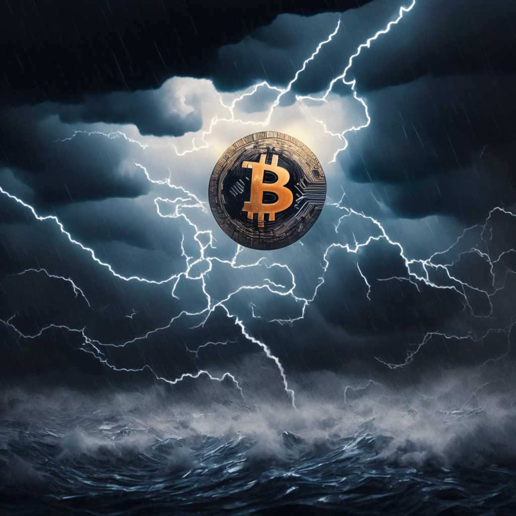 Cryptocurrency storm: abstract investors fleeing digital assets amidst market turbulence, dark gloomy scenario, central figures Bitcoin and Ethereum losing investments, altcoins like Litecoin, XRP, Solana as rays of light, cloudy regulatory policy, flickering hope in upcoming macroeconomic data points.