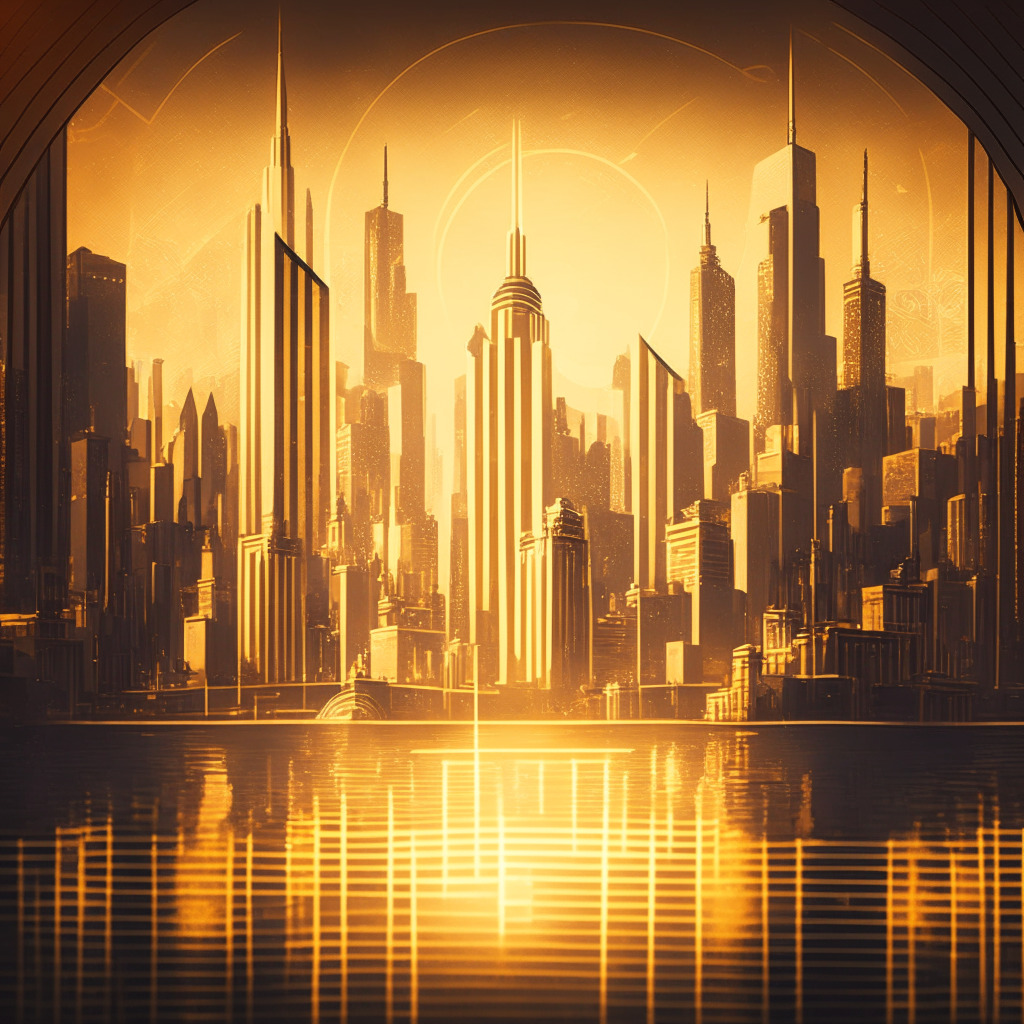 Intricate cityscape with crypto theme, warm golden glow, a calm river reflecting city lights, Art Deco style, Ethereum logo on a building fading in light, resolute altcoins in foreground, subtle display of flagged investor nations, serene atmosphere with hints of caution.