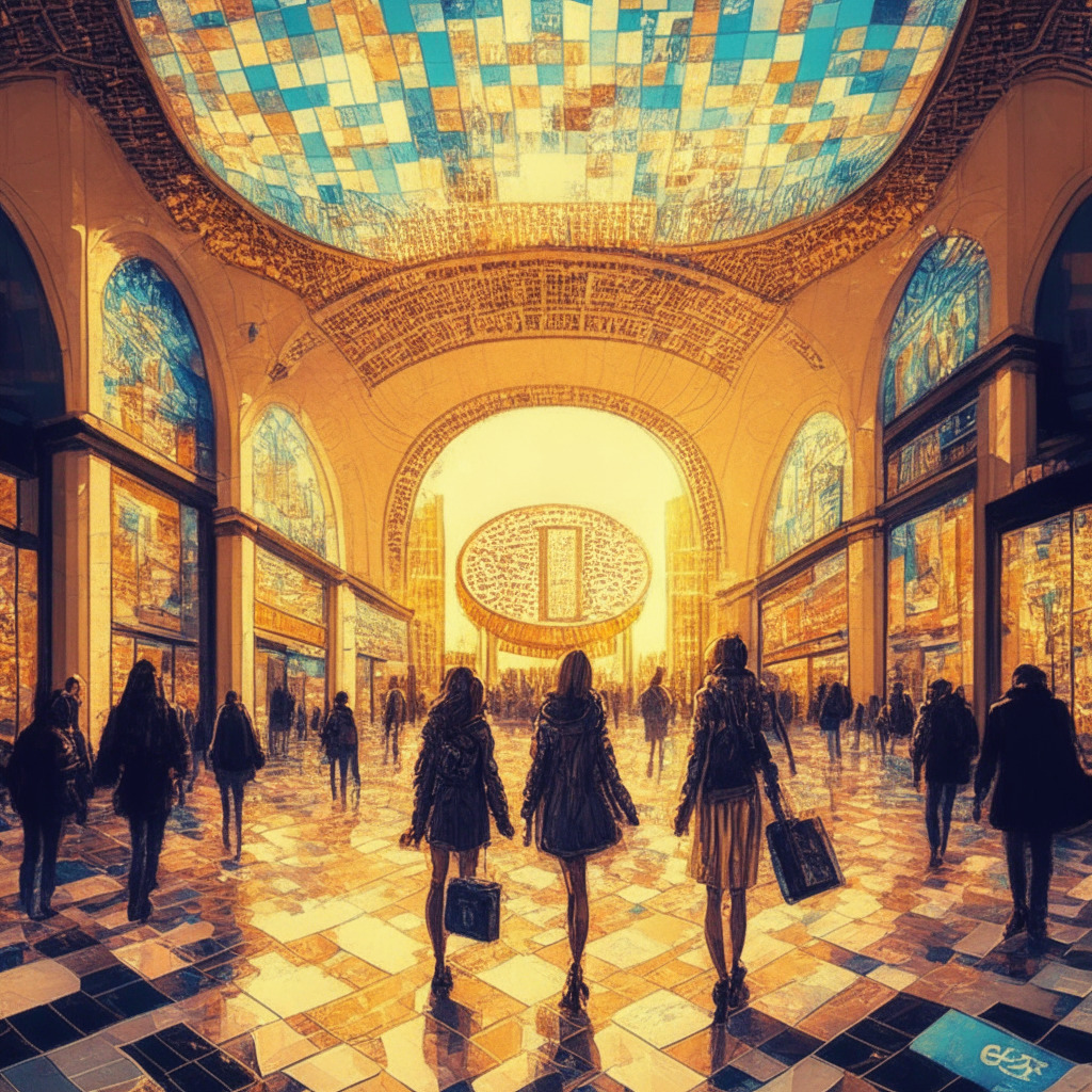 French shopping mall w/ crypto payments, intricate mosaic floor, warm sunset glow, impressionist style, lively shoppers holding digital gift cards, POS devices converting crypto to fiat, celebratory mood, quiet concerns, futuristic & nostalgic elements, adoption & challenges juxtaposed.