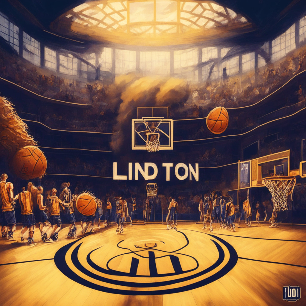Basketball court with London Lions merchandise, BitPay platform integrated, Dogecoin, XRP, and other cryptocurrencies present, fans excitedly making purchases, modern artistic style, warm light setting, dynamic composition, lively atmosphere, sense of optimism and progress in the convergence of sports and crypto. (347 characters)