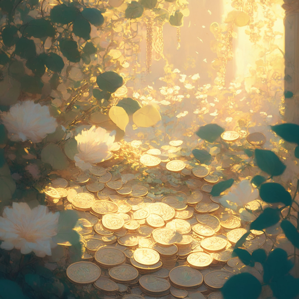 Intricate crypto garden scene, soft pastel colors, impressionist style, warm golden light, glowing coins growing on vines, traders cheerfully exchanging coins, relaxed atmosphere, blossoming consumer price index flower, calming mood, confident traders anticipating steady interest rates.