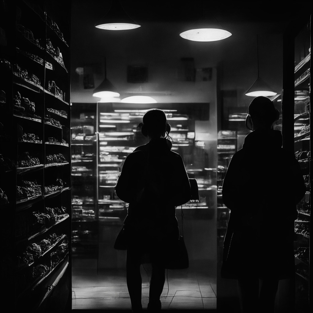 Cyber ransom in retail scene, dimly lit atmosphere, dramatic shadows, array of anxious employees in a store, a phone ringing ominously, noir-style with a hint of tension, a Bitcoin symbol casting a gloomy reflection, contrasting emotions of fear and resilience, subtle hints of blockchain technology.