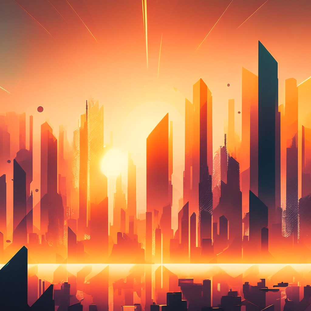 Sunrise over futuristic city skyline, polygonal patterns, crypto coins floating mid-air, warm colors, glowing light filtering through cool mist, heightened contrast, dynamic composition, air of optimism and opportunity, blend of abstract art and realism, hint of risk and excitement.