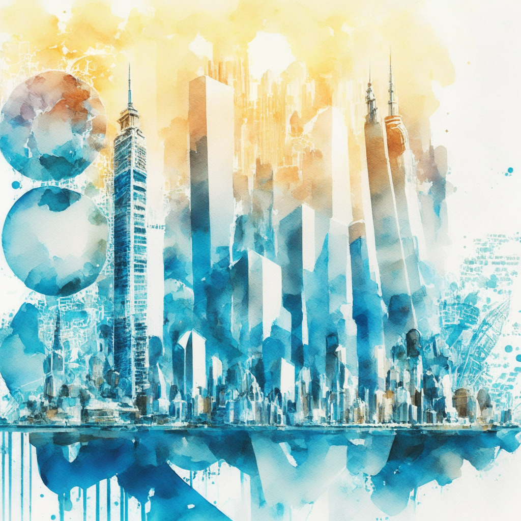 Intricate cityscape with blockchain symbols, balance scales, diverse global flags (UK, Hong Kong, Singapore), futuristic financial skyline, gentle sunlight from a low angle, watercolor brush strokes, calming blue tones, atmosphere of innovation and balance, sense of optimism and supportive regulatory framework.