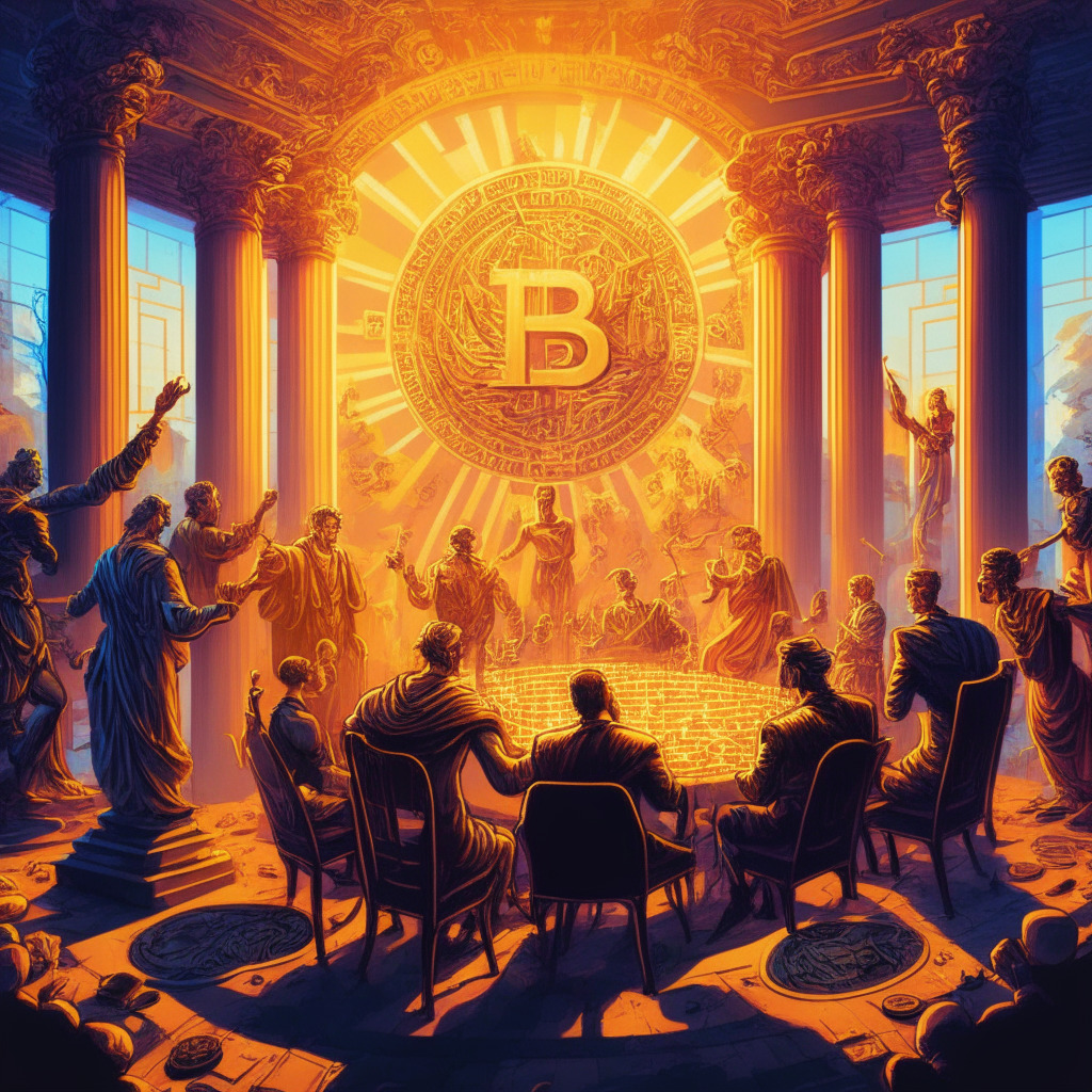 Intricate crypto debate scene, neoclassical style, vivid colors, golden hour lighting, contrasting shadows, a mix of fear and hope in facial expressions, dominating figures with authoritative stance, engaged discussion, background featuring innovative crypto symbols, air of determination, hint of growing ecosystem, sense of urgency in the mood.