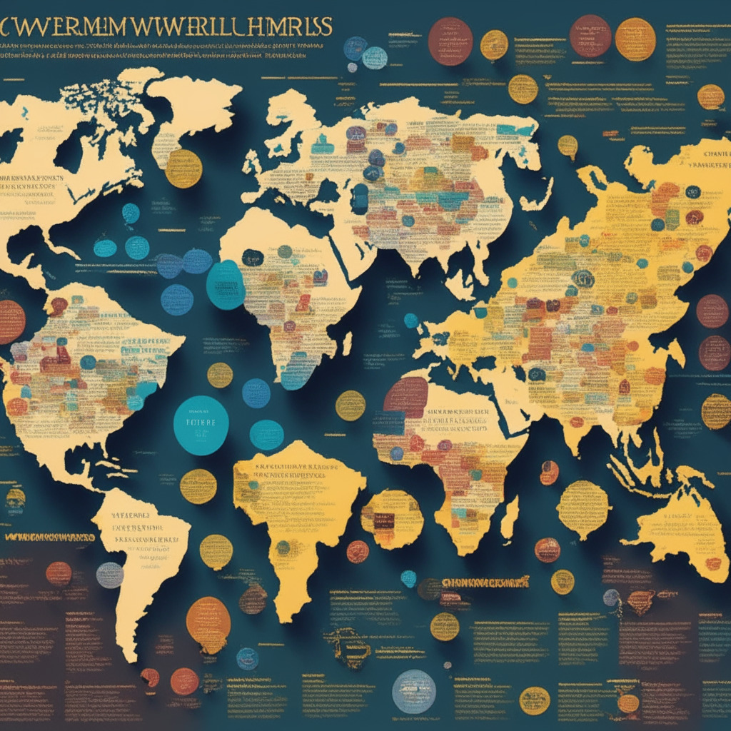 Whimsical financial world map, crypto elements dispersed globally, prominent European, UK, UAE, and Hong Kong hotspots, subtle US crackdown notes, vibrant colors, contrasting shadows, warm and inviting mood, captivating Renaissance art style, dynamic movement among locations, intricate patterns, hint of uncertainty in the air (350 characters).