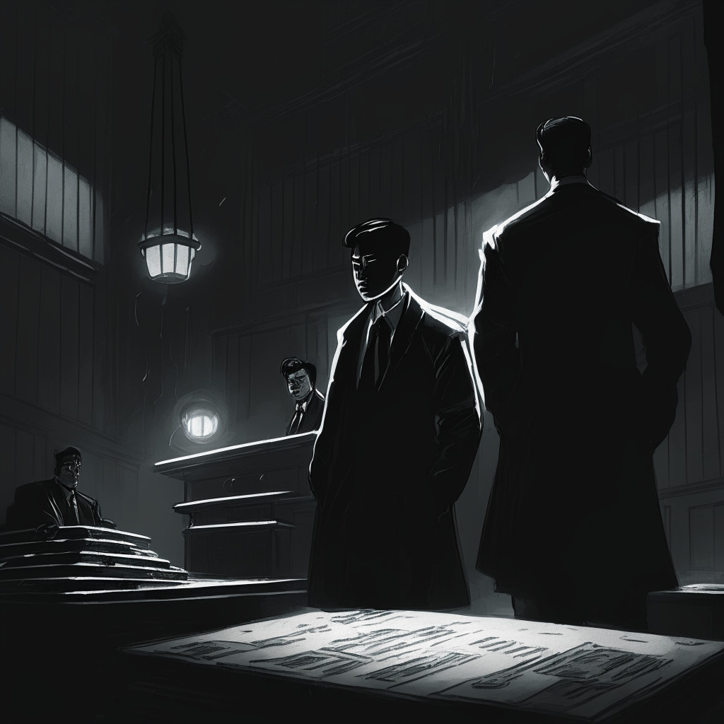 A dimly lit courtroom drama scene, Terraform Labs co-founders Do Kwon and Han Chong-joon standing in the dock, illustrating the tense crypto regulation battle. Artistic noir style, subtle chiaroscuro lighting emphasizing the uncertain mood, stablecoins and blockchain elements as allegorical symbols, a balance scale depicting innovation and regulation.