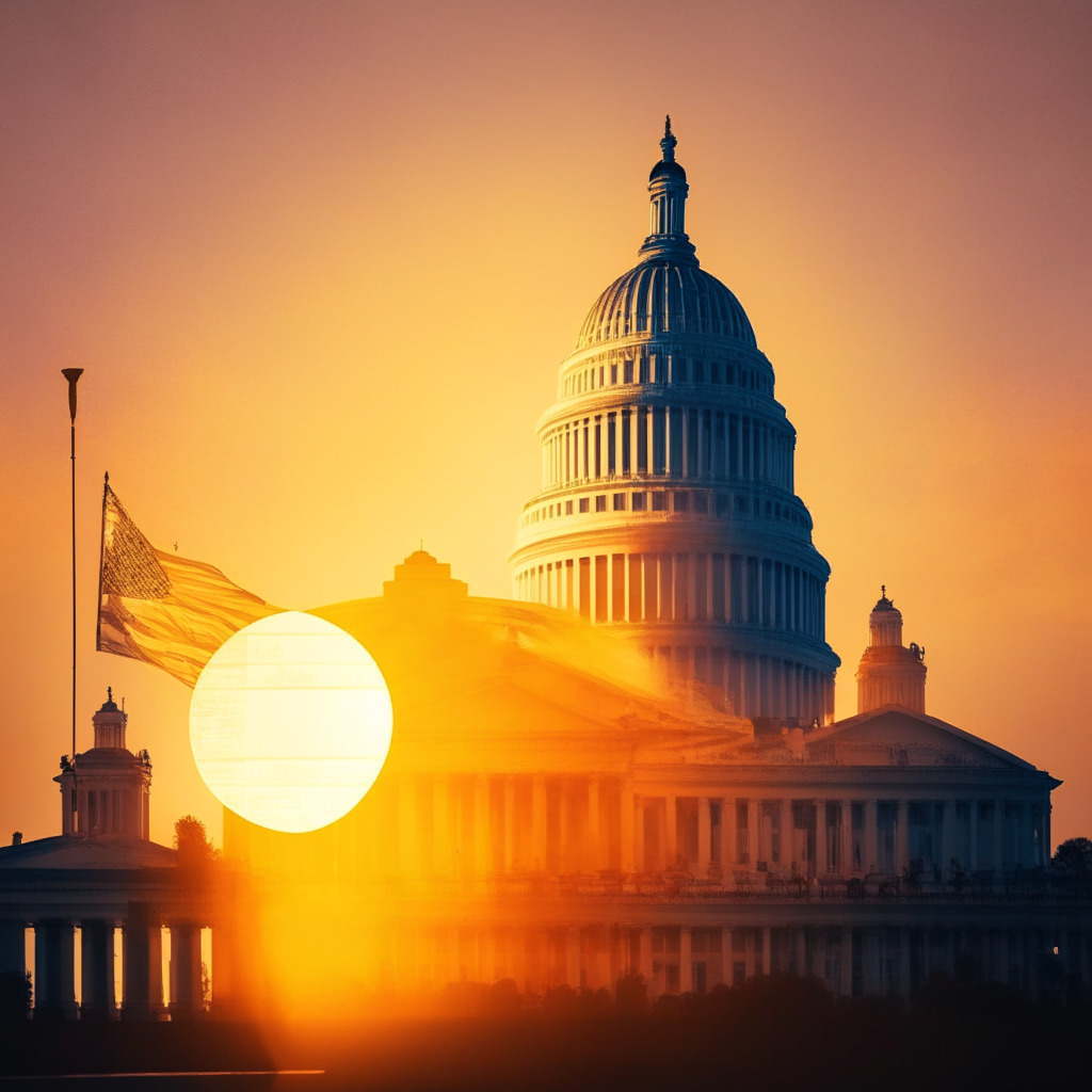 Sun setting over US Capitol, muted colors, tension in air, contrast between modern digital currency & traditional financial leaders, uncertainty, blurred image of crypto & blockchain symbols, calm figure representing adaptive crypto industry, backdrop of 2024 presidential campaign, hint of optimism for balanced regulation.