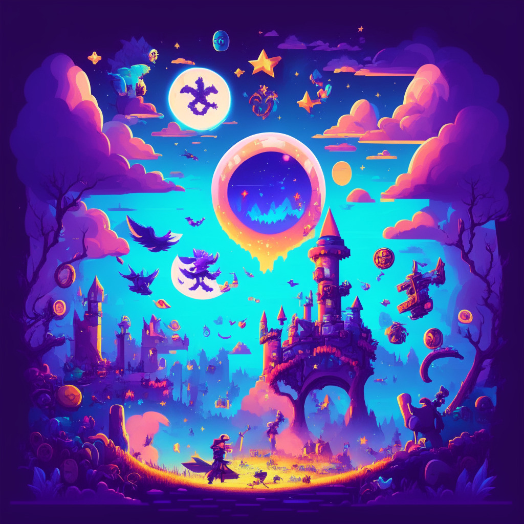 Whimsical mobile gaming landscape, twilight sky, colorful crypto coins falling, Bitcoin rewards, popular game characters, pixel art style, magical aura, balanced contrast, enchanting yet skeptical atmosphere, innovative integration, blend of entertainment & finance in gaming.
