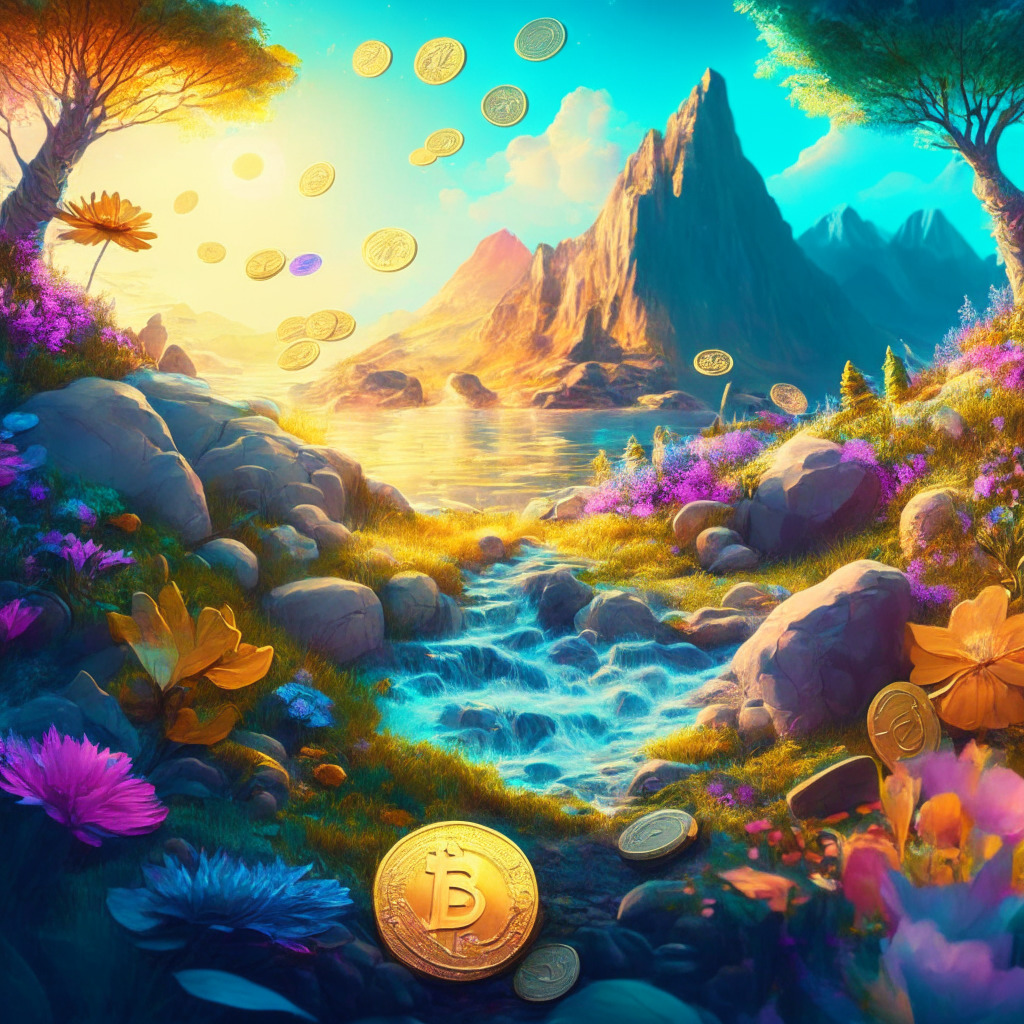 A vibrant crypto landscape with diverse coins, SEC scrutiny backdrop, serene eco-friendly projects flourishing, playful meme coins thriving, gentle ethereal light, artistic chiaroscuro contrasts, mood of adaptability, resilience, and cautious optimism.