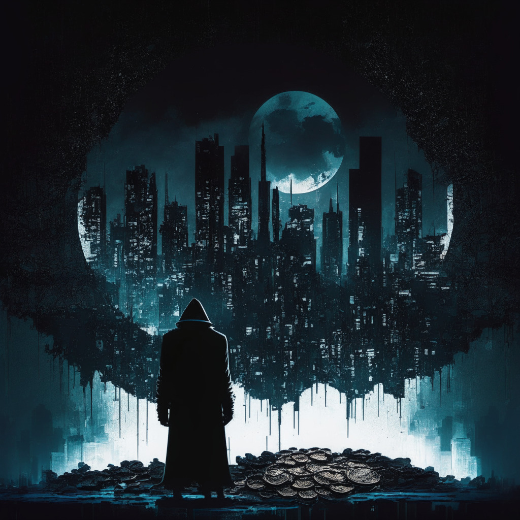 Moonlit city skyline, shadowy hacker figure, crypto coins scattered, abstract cyber world backdrop, melancholic ambiance, dark color palette, chiaroscuro lighting, tense mood, fractured security lock, fading financial graphs, rogue rug pulls, subtlety flash loan storms, artistic representation of governance token vulnerability.