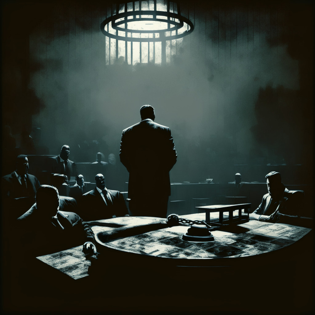 Shadowy courtroom scene, distressed businessman at center, judge's gavel overhead, collapsing football league in background, chains of broken crypto transactions encircling image, faded silhouette of Minnesota Vikings emblem, somber palette, dim lighting, intense chiaroscuro, suspenseful atmosphere, cautionary theme. Max 350
