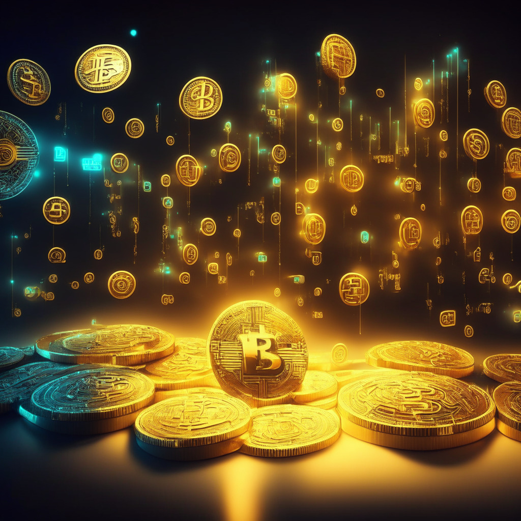 A futuristic financial landscape, golden coins adorned with crypto symbols, illuminated by soft glowing light, showcases the enticing allure of signup bonuses. Diverse users are drawn to these lucrative rewards, while elegant text hints at platform comparisons and informed decision-making. The image emanates both excitement and thoughtful contemplation in this digital realm.