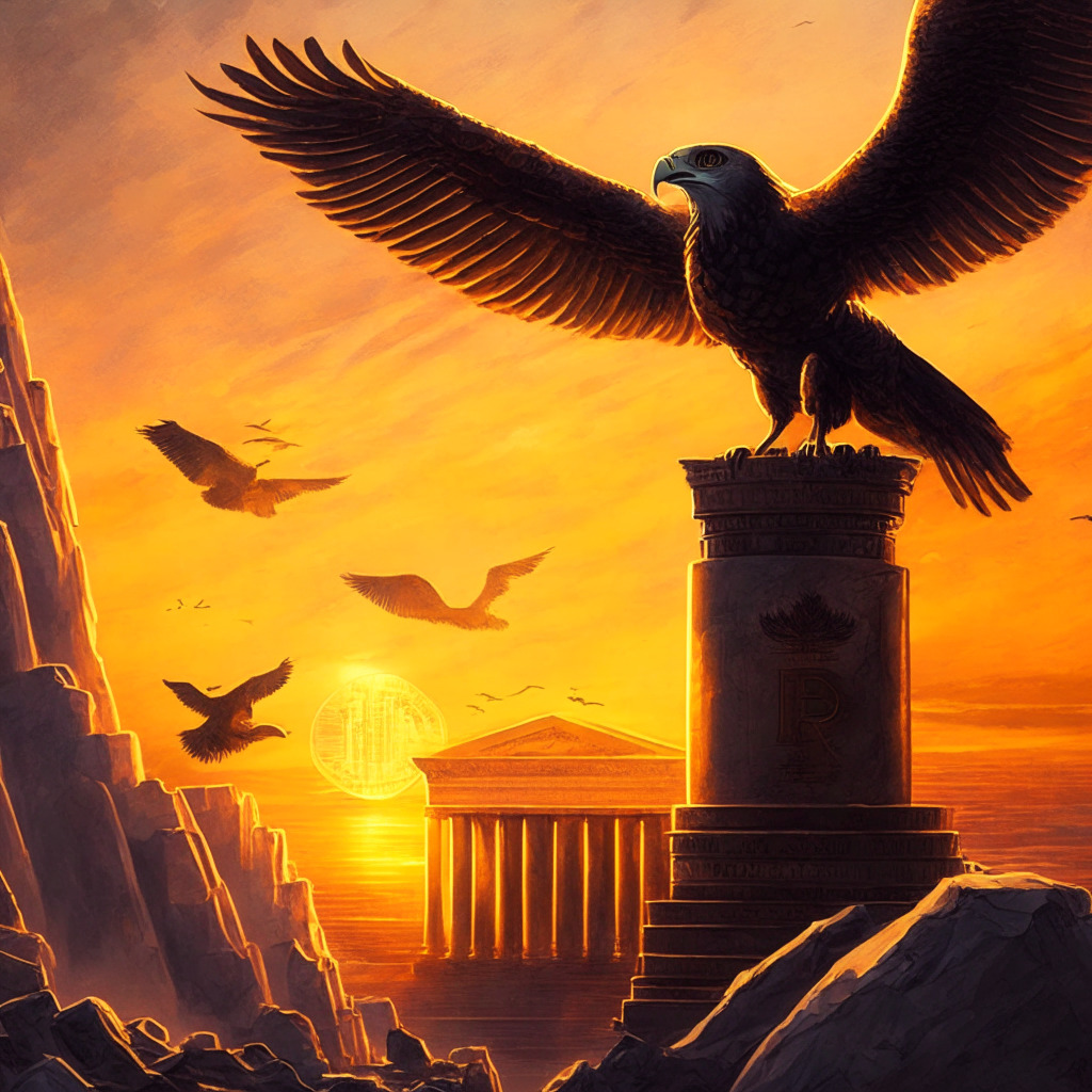 Cryptocurrency market stabilization, central bank with hovering hawk, US regulatory scrutiny backdrop, golden sunset glow, thought-provoking undertone, Bitcoin safely nested on $25,000, Ether on $1,630 cliff edge, large investors watchful gaze, blending impressionistic and realistic styles, chiaroscuro effect.