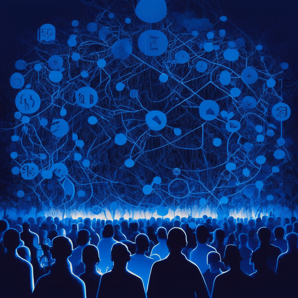 Intricate web of diverse crypto subreddits, protesting together, abstract blockchain imagery interwoven, somber mood, strong unity, dimly lit scene, dominant shades of blue, contrasting with the vibrant Reddit logo, silhouettes of defiant users, hints of artistic protest signs, soft evening sky background.