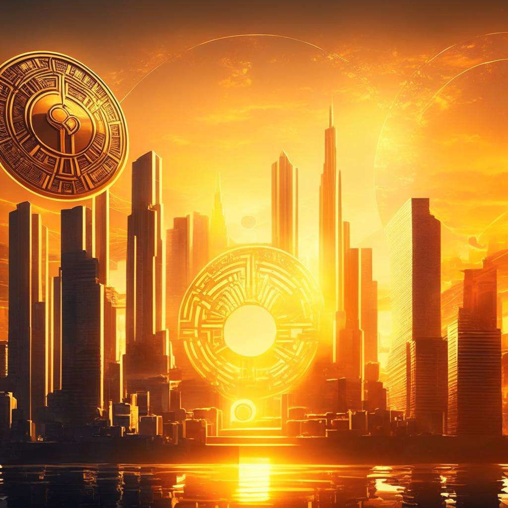 Sunrise over futuristic city skyline, crypto coins & tokens, U.S. Treasury building, T-bill and blockchain symbols interlinked, classical art style infused with modern elements, warm golden light with cool highlights, secure, innovative mood, expanding horizon of digital finance opportunities.