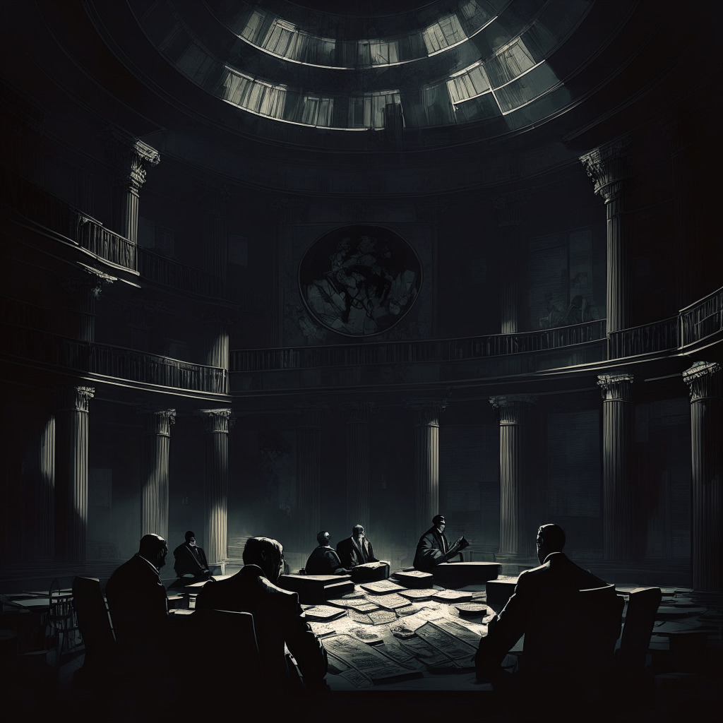 Intricate government building, Congress members discussing, dark background, moody atmosphere, shadowed tax documents, stylized crypto coins, North Korea's Lazarus Group, Sinbad.io mixer, subtle chiaroscuro lighting, tension and concern, AI artistic style, evocative of global complexities.