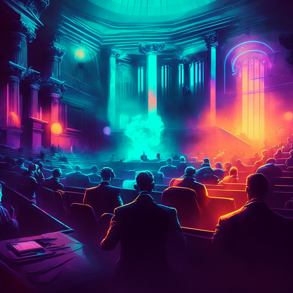Crypto debate in Congress, atmospheric courtroom scene, intense lighting, vibrant colors, digital commodities, lawmakers in discussion, futuristic vibe, innovative atmosphere, sense of urgency, financial system transformation, serious mood, consumer protection, fostering innovation.