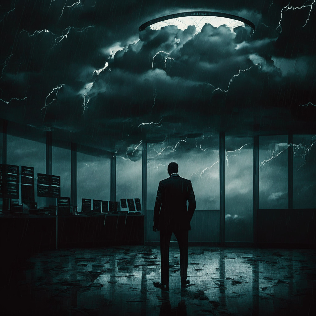 Dark stormy sky, financial loss, crypto coins in freefall, confident trader caught off-guard, SEC lawsuit document, uncertain atmosphere, deserted trading floor, chiaroscuro lighting, image evoking vulnerability, cautionary mood, dynamic strokes, 24-hour countdown timer.
