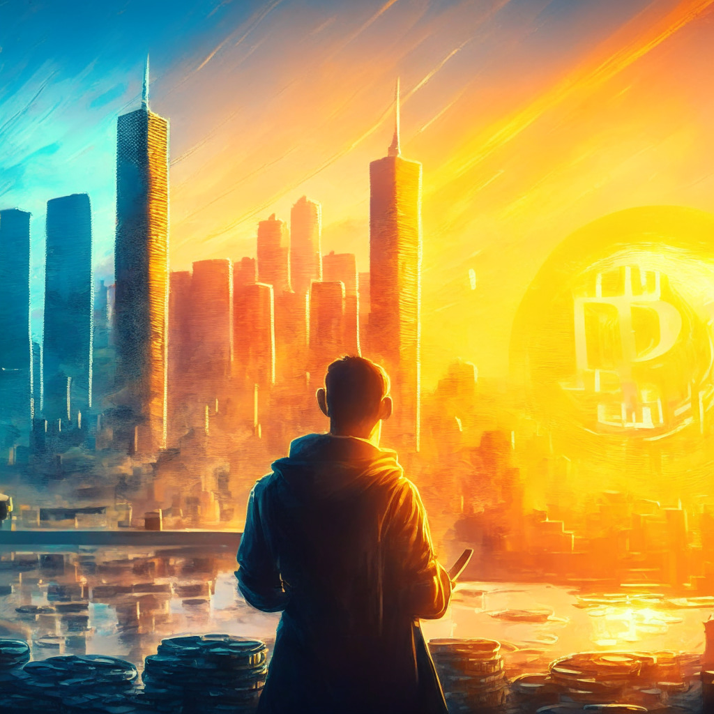 Crypto market recovery scene, retail investor championing cryptocurrencies, real-world applications in the background, futuristic cityscape displaying digital authentication, warm sunrise symbolizing hope, impressionist style with dynamic brushstrokes, overall mood of cautious optimism.