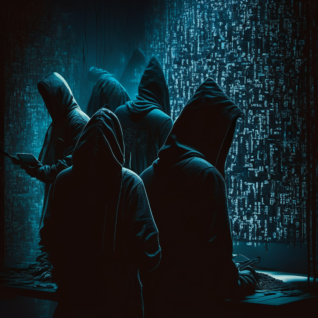Intricate digital heist scene, SIM card swap attack, wary crypto figures, dark web-esque atmosphere, dusky lighting, steely cool color palette, hackers wearing shadowy hoodies, tension-filled mood, anonymous figures entangled in deceptive web, underlying sense of caution, focus on security, mysterious aura.