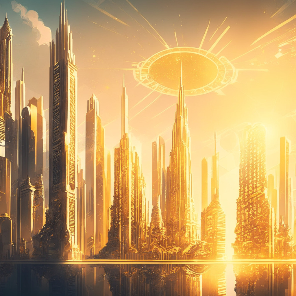 Intricate cityscape with crypto-infused elements, golden sunlight illuminating futuristic buildings, abstract web3 and DeFi elements in the sky, calm yet energetic atmosphere, Renaissance-inspired style, hint of tension in air, incorporating monetary policy symbols and investors exploring the city, overall hopeful and forward-looking mood.