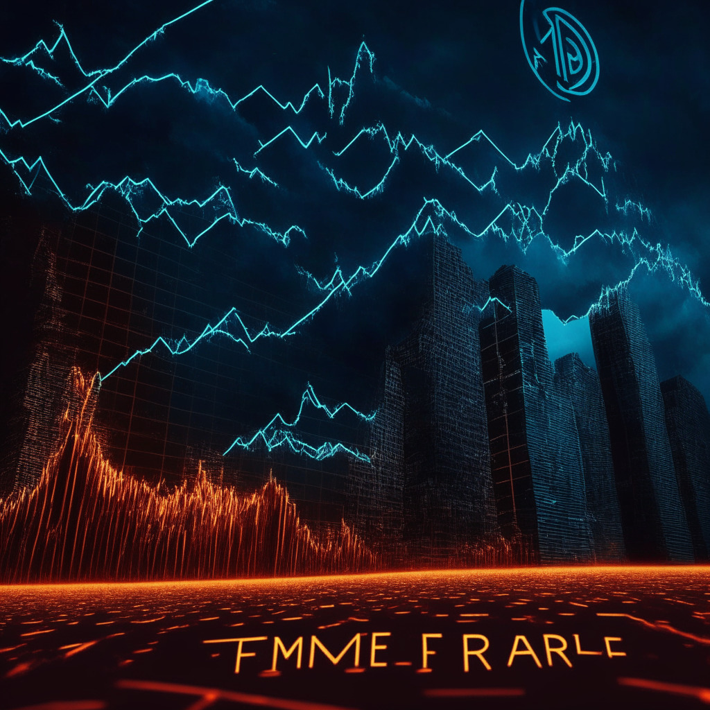 FOMC rate hike pause, dark financial skyline, uncertain crypto market, Jerome Powell looming, SEC charges shadowing Binance & Coinbase, fluctuating BTC price, hint of future rate hikes, anxious investors, thread of regulations entwining. #CryptocurrencyTurbulence