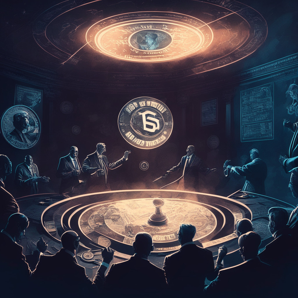 Intricate political debate backdrop, contrasting Democrats & Republicans, wash trading concept art, cryptocurrency coins in motion, focused beams of light, moody dark colors, legislator figures discussing, delicate balance imagery, hints of traditional financial system elements, undertones of innovation and regulation.