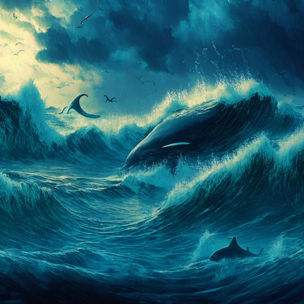 Cryptocurrency ocean scene, turbulent waves, USDT tokens among surging water, dim light setting, impressionist style, anxiety-inducing atmosphere, fading stability, balancing scale tipped by mysterious whale figures, uncertainty and doubt clouding the horizon, 350 characters max.