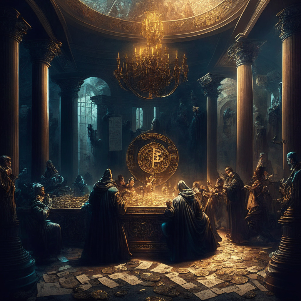 Intricate crypto world scene, baroque art style, chiaroscuro lighting, intense mood: Deceptive figures trading tokens, legal battle imagery, innovative tech structures, global landscape with financial powerhouses, central banks exploring digital currencies, SEC disputes, cyber detectives combating crime, veil of safety concerns.