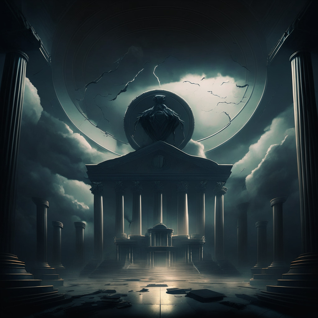 A dystopian view of a futuristic courtroom overcast with ominous clouds, digital themes merged with neoclassicism style of art. Focus on tension and uncertainty, with midnight lighting casting dramatic, elongated shadows. A large, ominous crypto coin representing the heart of conflict, surrounded by fallen pillars symbolizing financial turmoil.