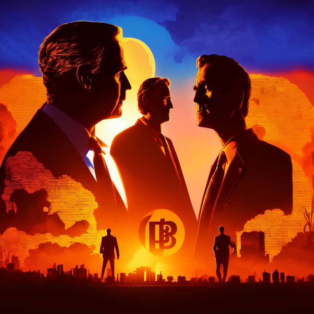 Cryptocurrency politics scene, RFK Jr embracing Bitcoin, presidential debate backdrop, evening twilight, silhouettes of Kennedy and Dorsey, warm color palette, chiaroscuro lighting, dramatic and energetic mood, currency symbols in the sky, digital art style, electoral influence on global crypto economy.