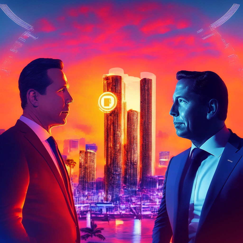 Futuristic, digital political struggle, Francis Suarez & Ron DeSantis in debate, glowing Bitcoin accents, Miami cityscape, warm sunset hues, high-tech atmosphere, mood of anticipation and rivalry, subtle nods to the 2024 Presidential race, freedom & innovation signifying crypto's impact.