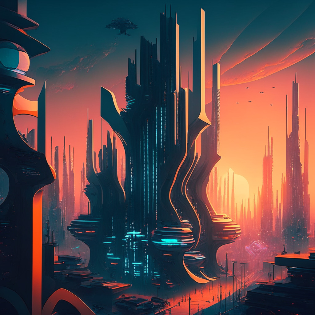 Futuristic cityscape at dusk, AI & crypto symbols interwoven, contrasting light & shadow, digital-meets-organic aesthetic, subdued color palette, balanced centralization & decentralization, sense of cooperation & innovation, underlying cautious optimism. (349 characters)