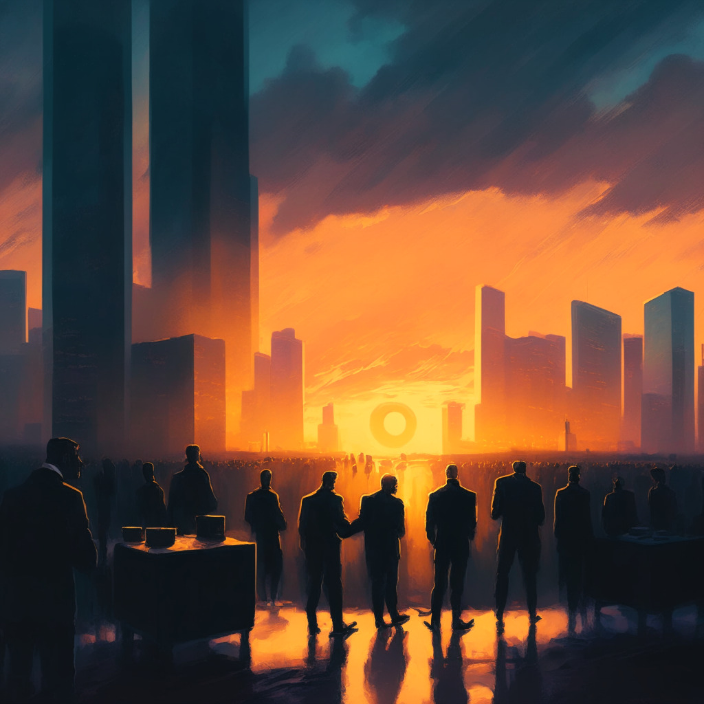 An oil painting of a crypto exchange platform at dusk, focusing on retail investors trading cryptocurrencies, while translucent institutional figures fade into the background, symbolizing their departure. The market landscape captures the mood of change, surrounded by looming shadows of regulatory scrutiny, as the sun sets in a complex, evolving sky.
