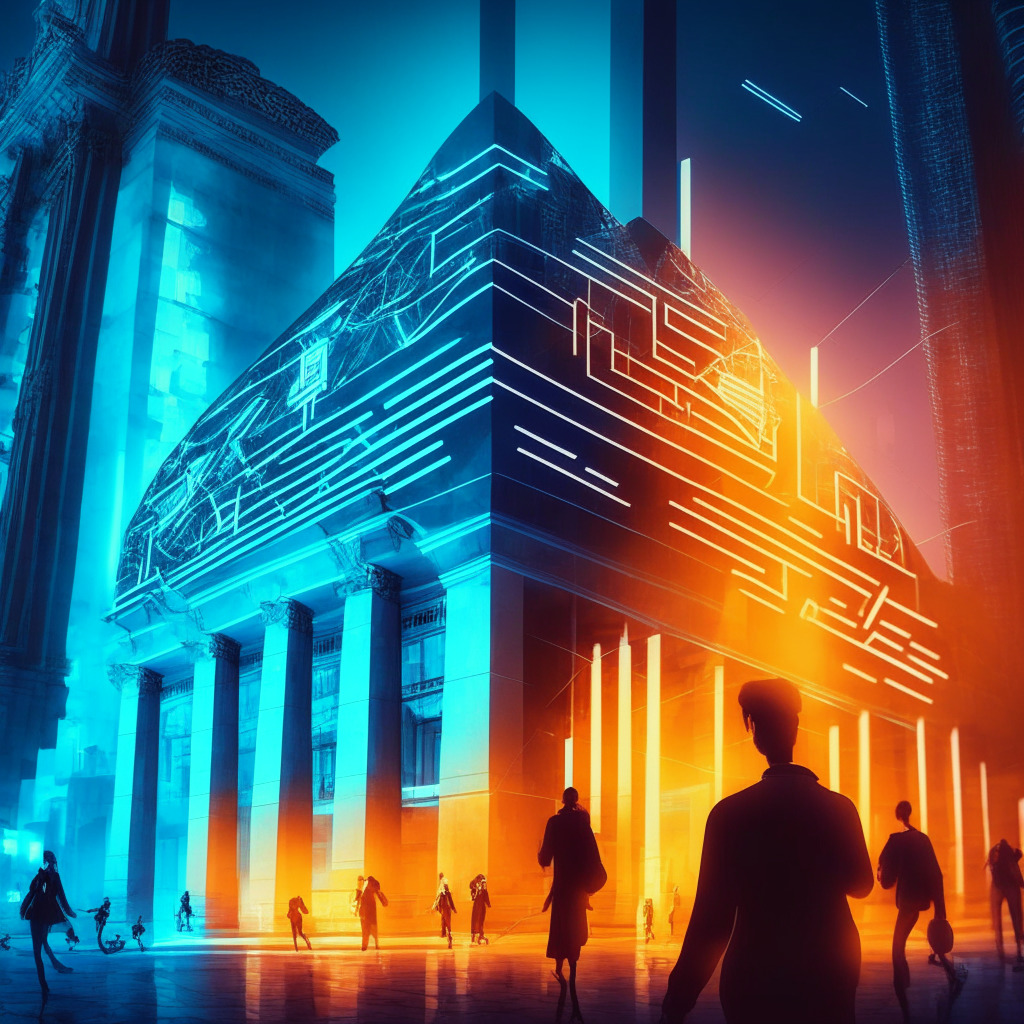 Futuristic financial center in Spain, glowing digital currency symbols, dynamic lighting with highlights & shadows, cyberpunk aesthetic, a mix of excitement & caution, Bank of Spain building in the background, people exchanging digital assets, European Union MiCA regulations subtly present.